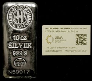 10 oz Lingot d'Argent, Nadir Metal Rafineri