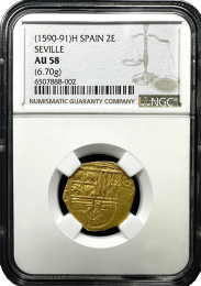 1590-91 | Seville, Spain | 2 Escudo | NGC AU-58 | In Holder