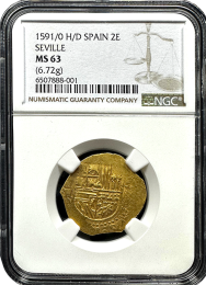 1591-O | Seville, Spain | 2 Escudo | NGC MS-63 | In Holder