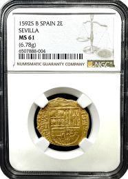 1592-S | Seville, Spain | 2 Escudo | NGC MS-61| In Holder