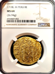 1718 | Peru 8 Escudo | NGC MS 64 | In Holder