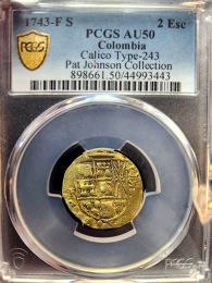 1743 | Colombia 2 Escudo | PCGS AU-50 | In Holder