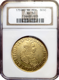 1759 | Mexico | Gold 8 Escudo | AU-50 | In Holder