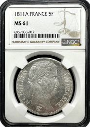 1811-A France 5 Francs Coin | MS-61 Grade | In Holder