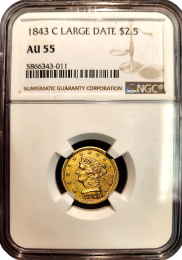 1853 C | $2.5  Large Date | Liberty | AU-55 | In Holder