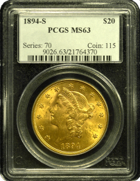 1894-S $20 Liberty Gold Coin NGC Mint State 63