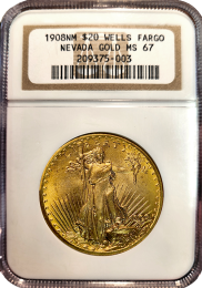 1908 NM | $20  St. Gaudens | Wells Fargo | MS-67 | In Holder