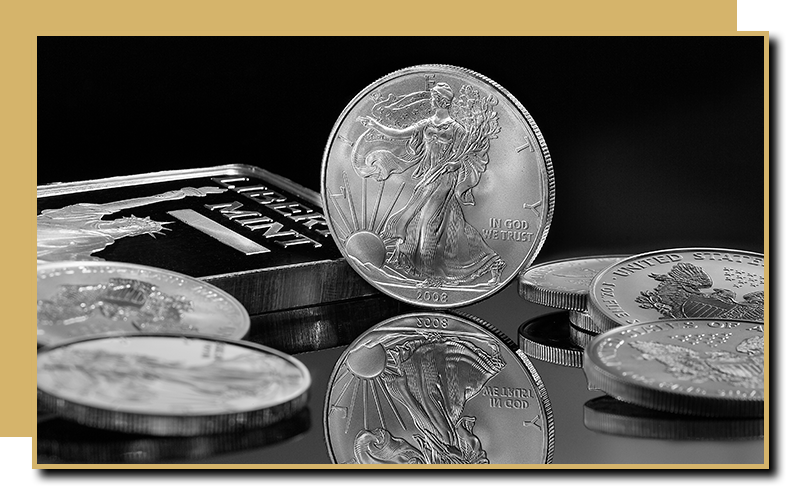 Close up of beautiful silver coins and an ingot 